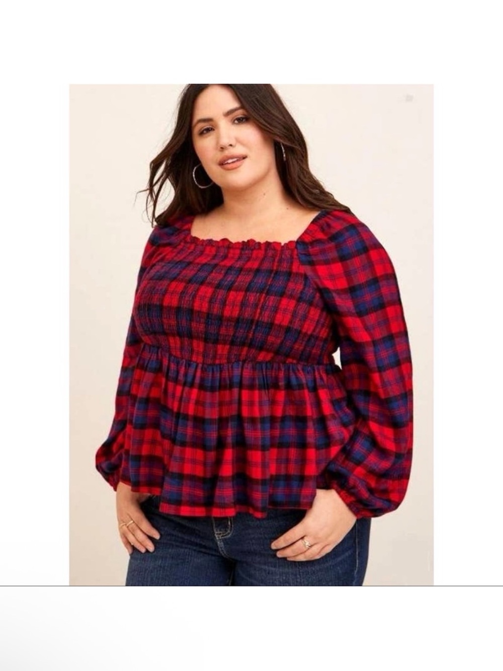 NWT torrid Size 2x LP Red and Navy Plaid Smocked Peplum Top